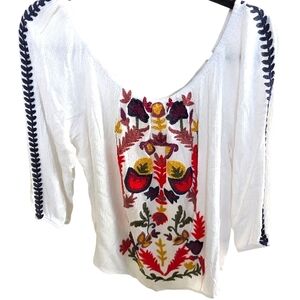 Soltaire Embroidered Boho Top White Multicolor Off Shoulder XL